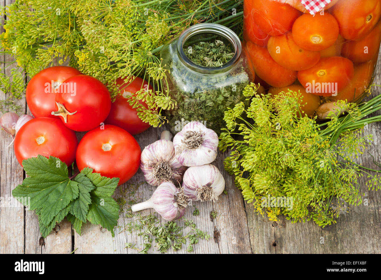 Des tomates en conserve dans un bocal en verre. Des légumes frais, de l'aneth et l'ail sur planche de bois, vue du dessus Banque D'Images
