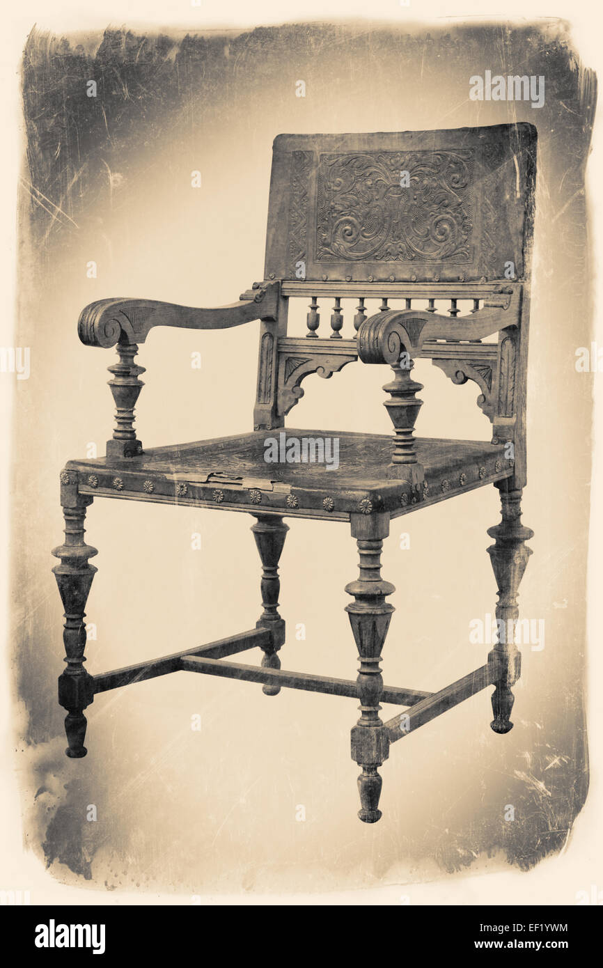 Ancienne chaise en bois en rétro noir et blanc avec cadre, stylisé vintage Banque D'Images