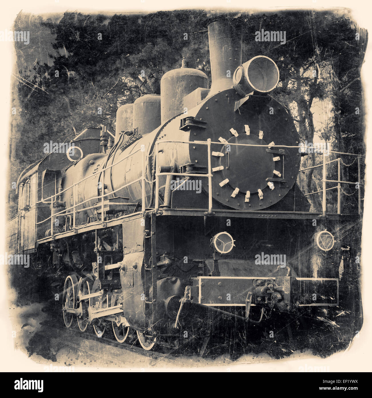 Vieille locomotive en retro noir et blanc, design stylisé vintage Banque D'Images
