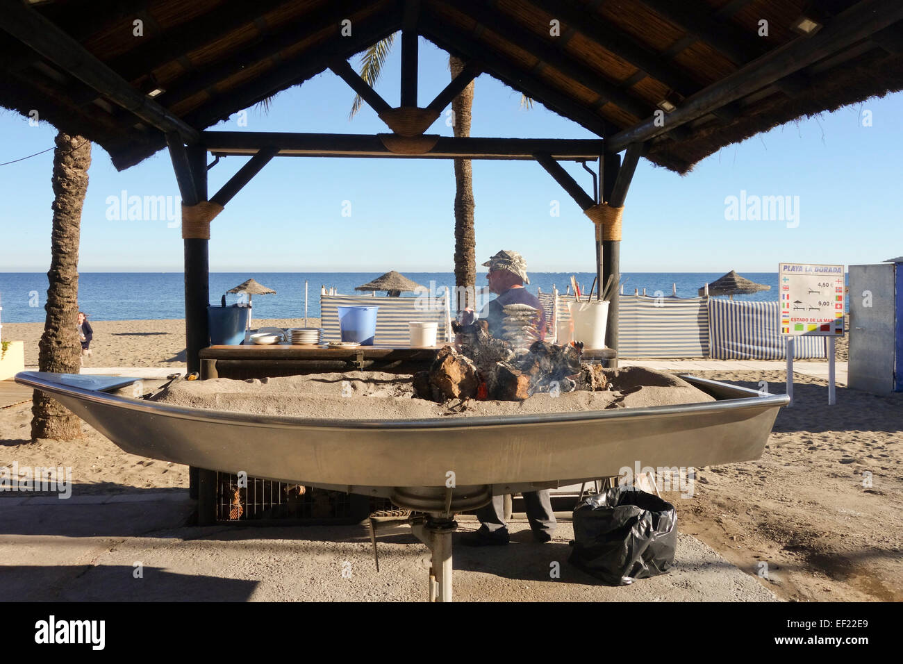 Homme espagnol, Sardines grillées au feu de bois barbecue ouvert, dans le sud de l'Espagne, Fuengirola Beach. Banque D'Images