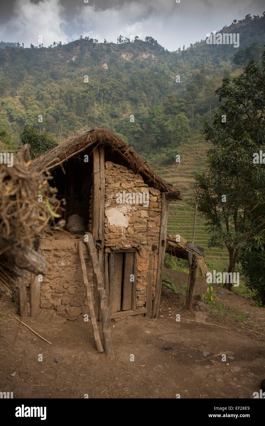 Maison familiale traditionnelle dans les collines Chepang - Terai, au Népal. Banque D'Images