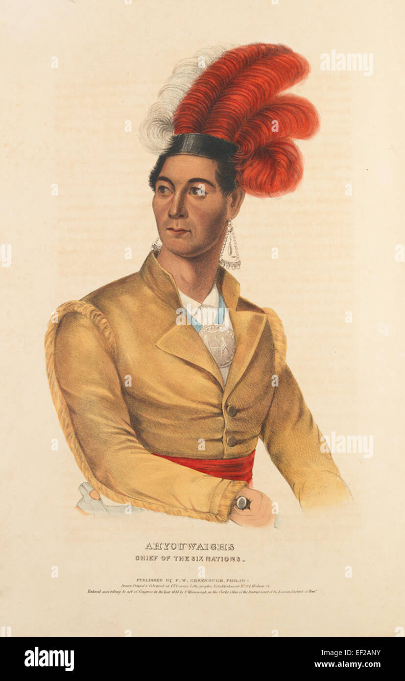 Ahyouwaighs était un chef des six Nations, une coalition de tribus amérindiennes connues pour leur rôle dans l'histoire de la Confédération iroquoise. Son leadership faisait partie de l'histoire complexe de la gouvernance des Amérindiens. Banque D'Images