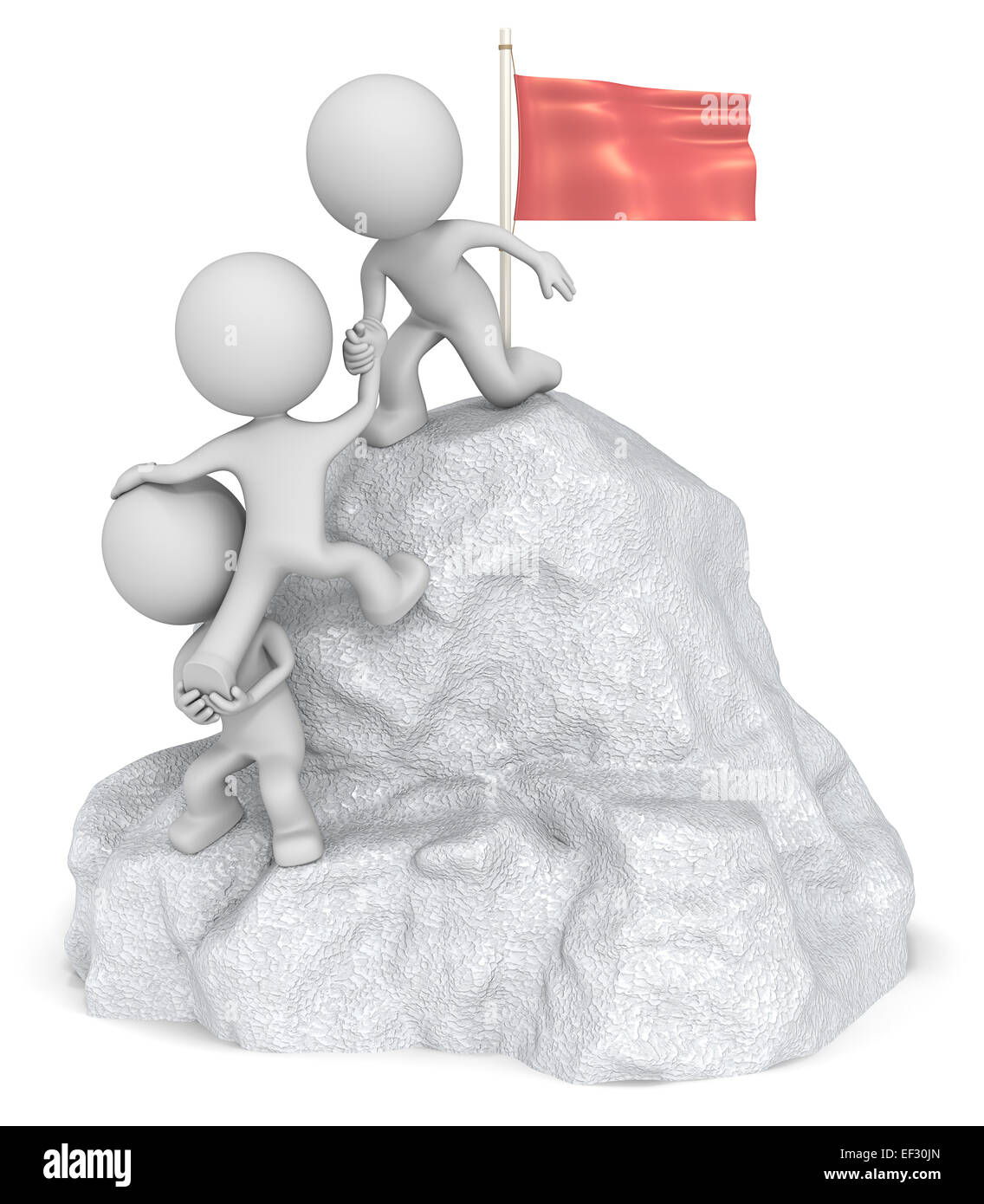 Le mec 3D character x3 l'ascension d'une montagne avec haut Drapeau. Banque D'Images