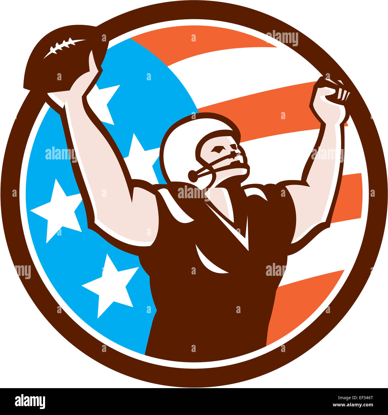 Illustration d'un joueur de football américain avec helmet holding ball over head célébrant le toucher des roues du point de vue de l'avant ensemble à l'intérieur du cercle sur fond isolé fait en style rétro. Banque D'Images