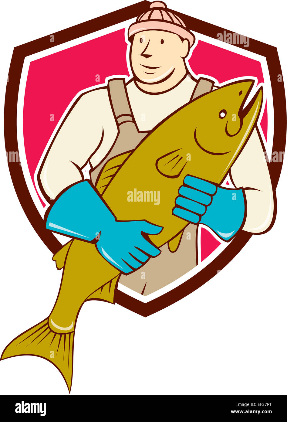 Illustration d'un boucher poissonnier poissons saumon holding travailleur face à l'avant fixé à l'intérieur de la crête de l'écran sur fond isolé fait en style cartoon. Banque D'Images