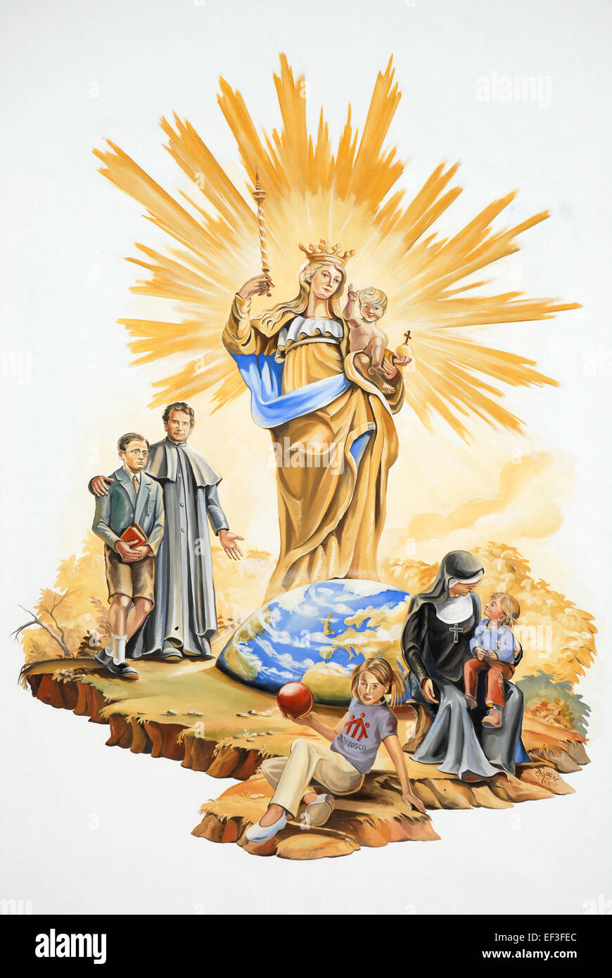 *Wandbild am Kindergarten Baumkirchen* est une œuvre murale située dans une école maternelle de Baumkirchen, mettant en valeur un design coloré et ludique destiné aux enfants. La murale présente des thèmes attrayants et adaptés aux enfants et ajoute à l'environnement éducatif. Banque D'Images