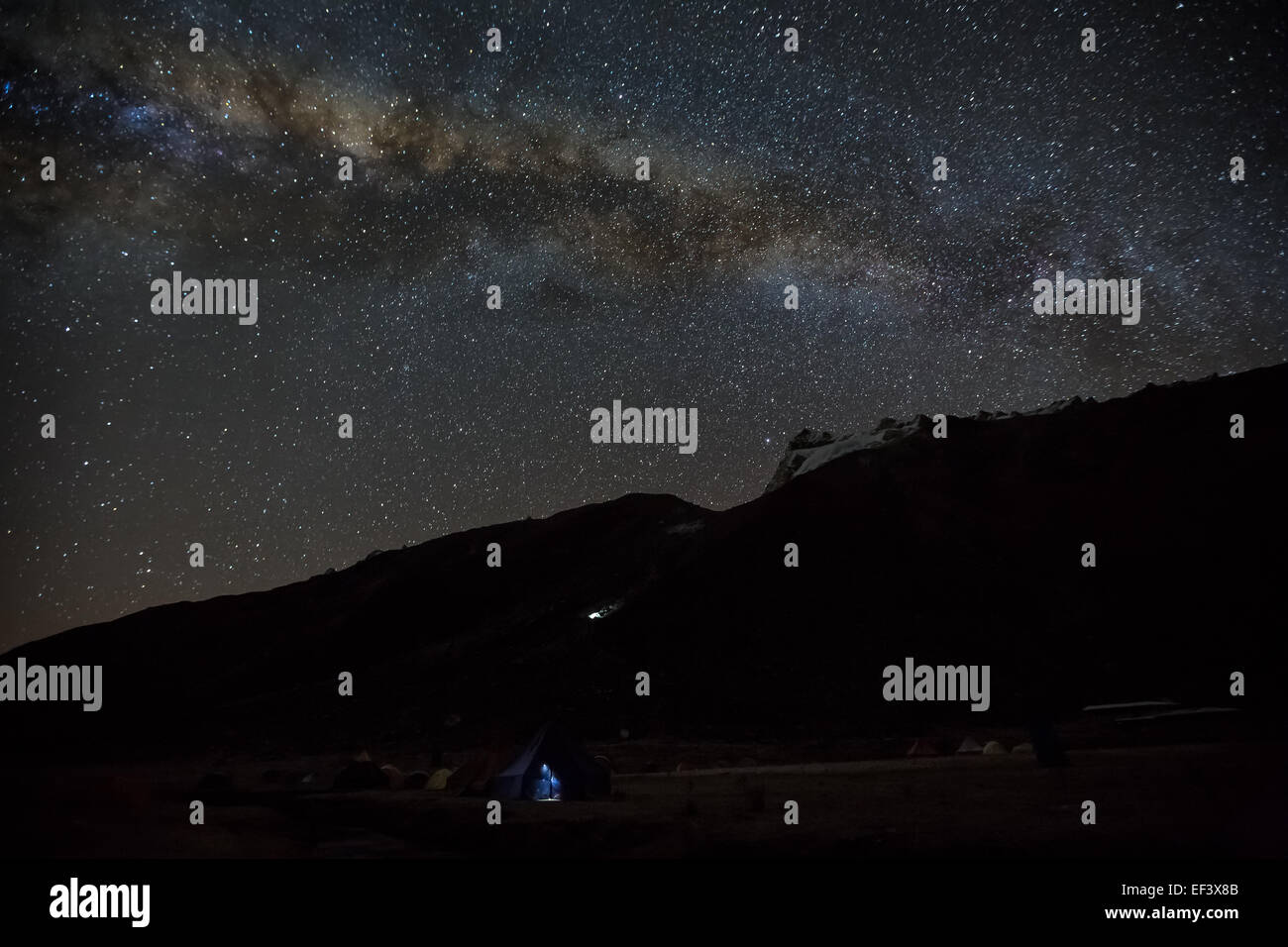 La Voie Lactée sur la vallée de l'Ishinca, Cordillère des Andes, Pérou, Amérique du Sud, Banque D'Images