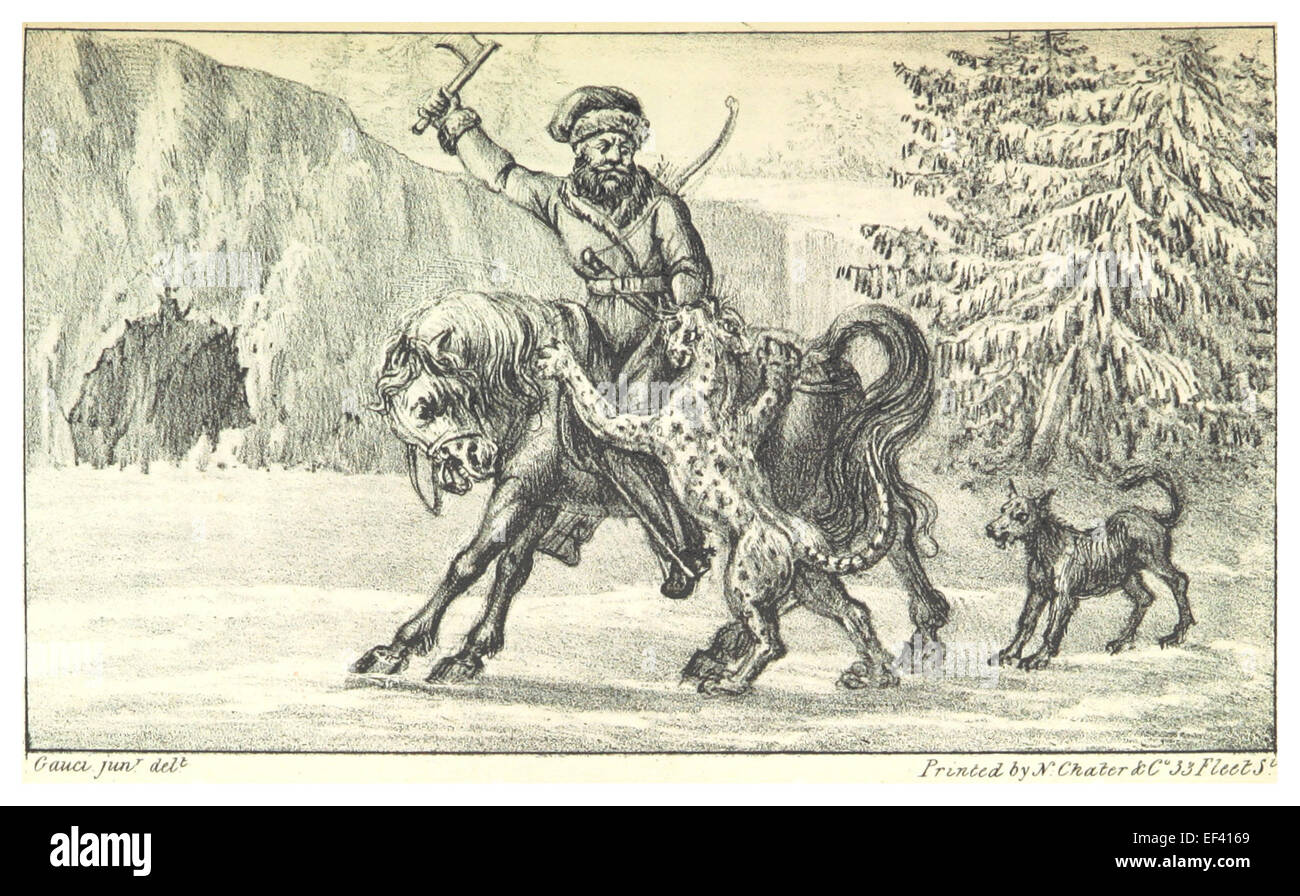 Cette illustration de 1832 par Holman représente un guerrier cosaque aux côtés d'un tigre de Sibérie, capturant les éléments historiques et naturels de la région dans un style artistique du début du XIXe siècle. Banque D'Images