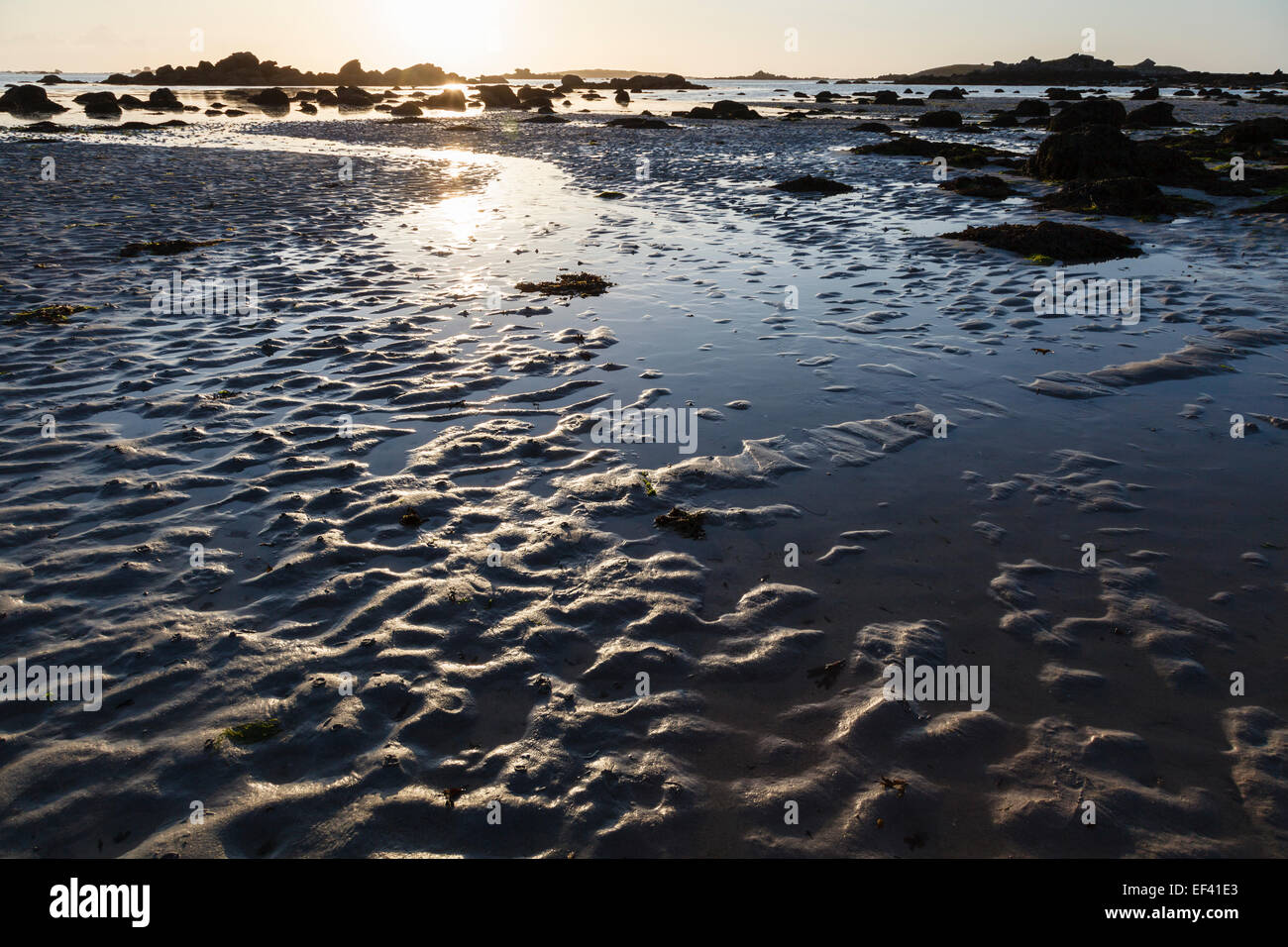 Le coucher du soleil, la plage de Sainte Marguerite à Landéda, les abers, Finistère, Bretagne, France Banque D'Images