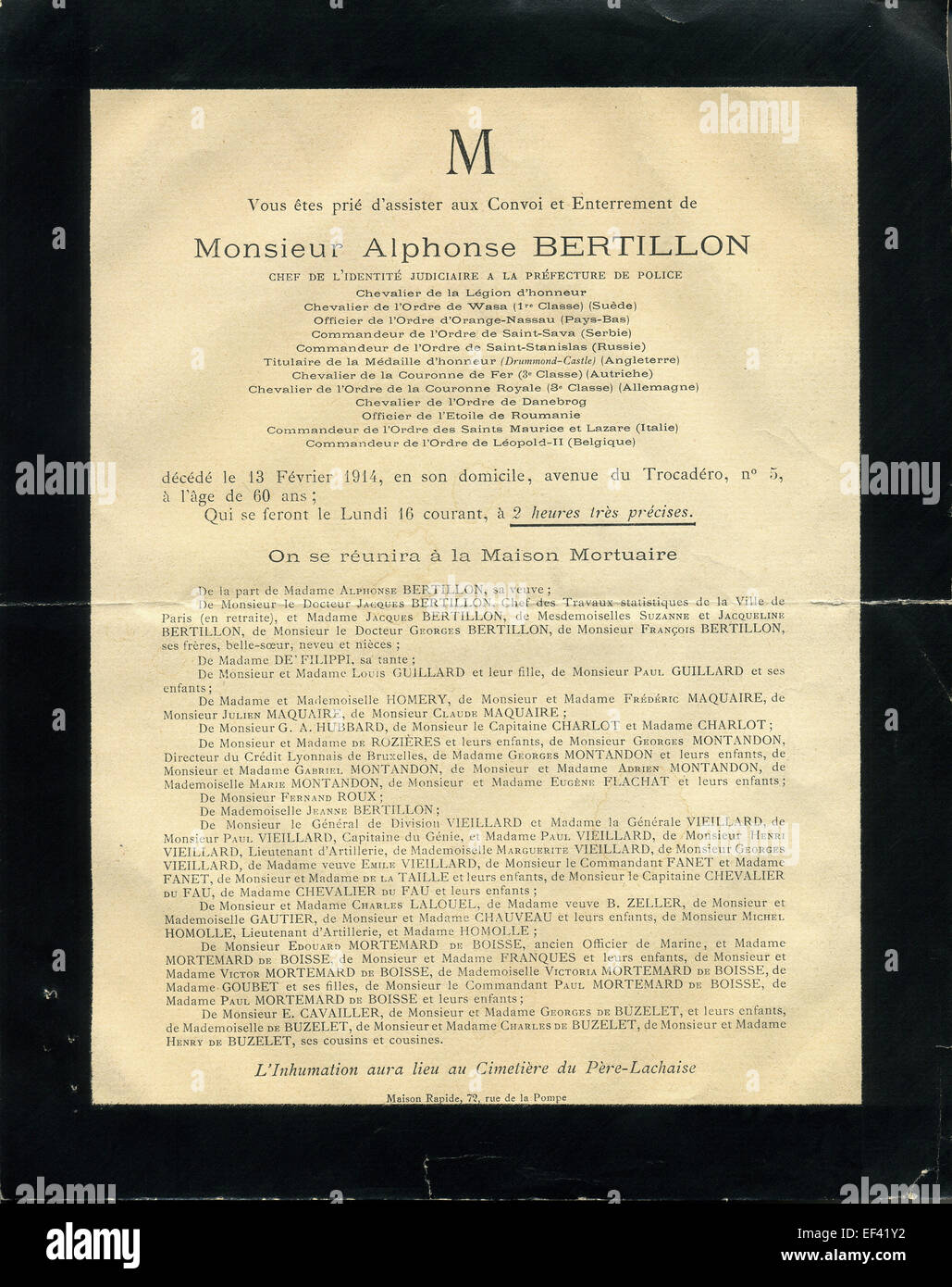 Faire-part pour les funérailles d'Alphonse Bertillon, fév. 1914. Banque D'Images
