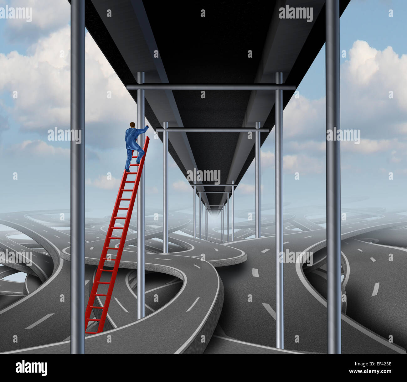Personne réussie concept sur un chemin de réussite symbole d'affaires comme un homme d'une escalade de l'échelle rouge confus enchevêtrement des routes pour un moyen facile bridge. Banque D'Images