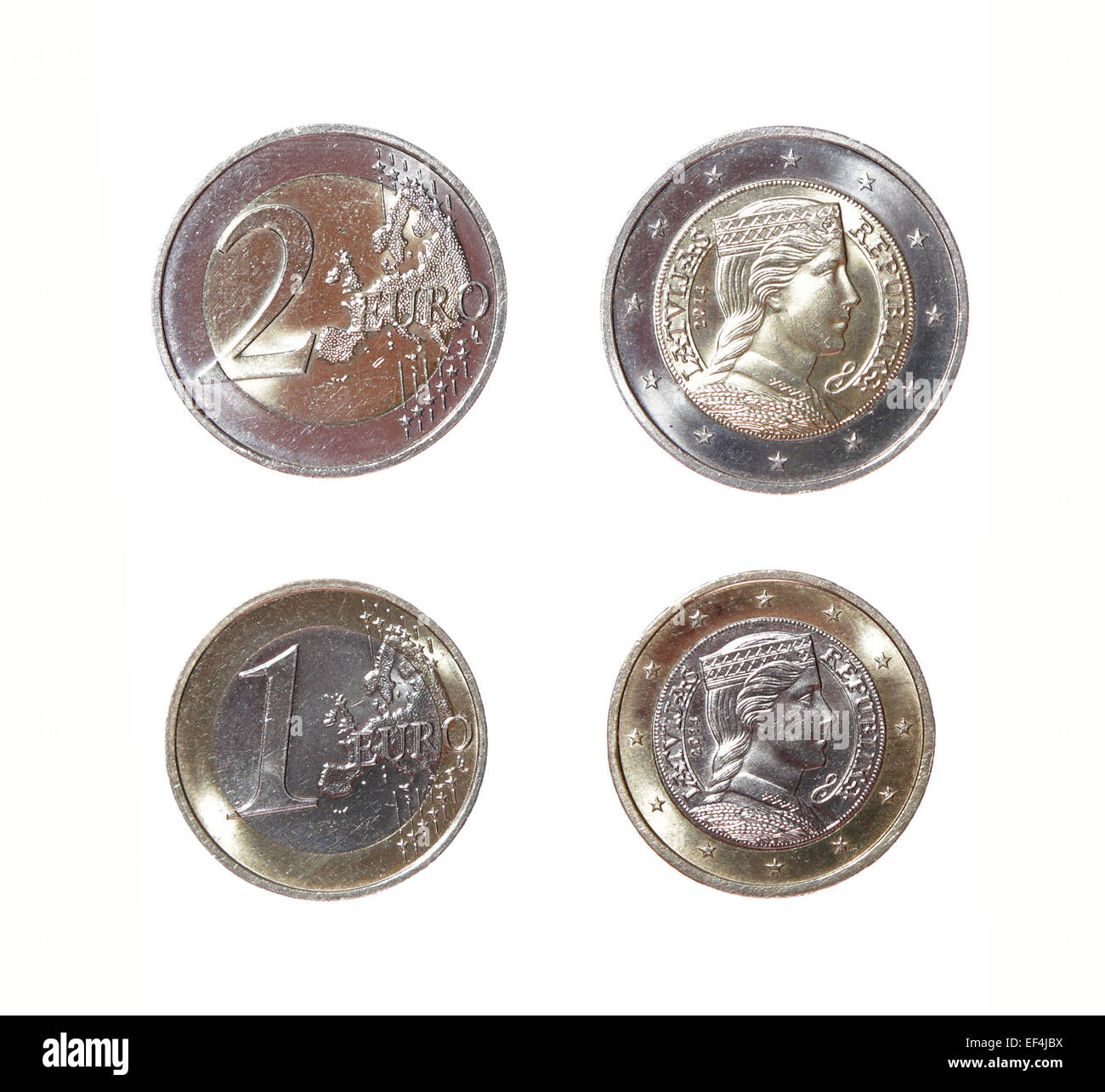 Nouveau deux milda Avers Revers République Lettonie euro coin collection argent monnaie métallique isolée finances monétaire européenne Banque D'Images