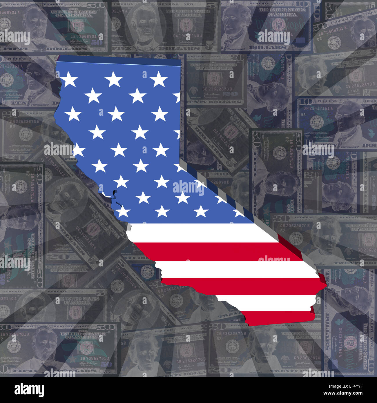 Californie carte drapeau on dollars sunburst illustration Banque D'Images