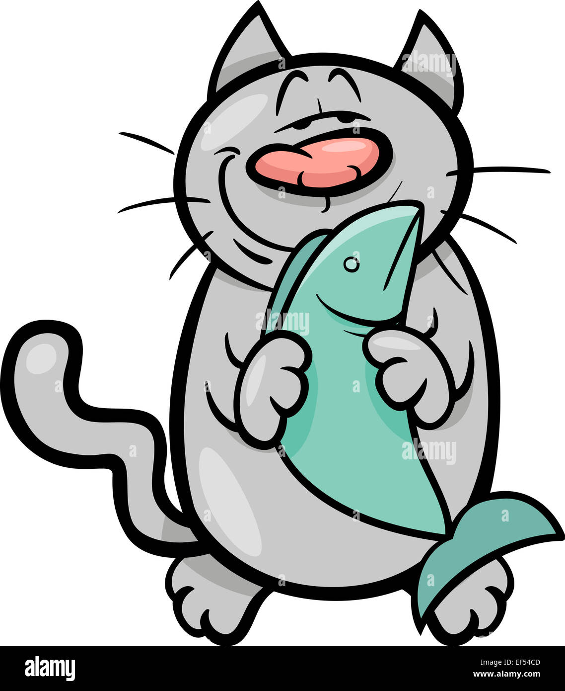 Cartoon Illustration de chat heureux avec des poissons Banque D'Images