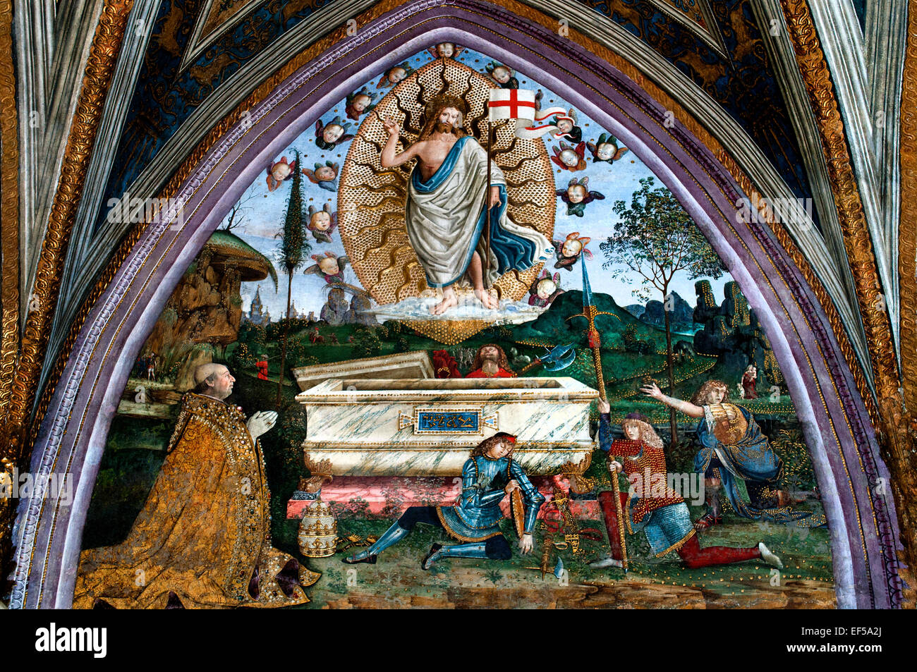 La résurrection avec Alexandre VI Borgia (Appartements Appartamento Borgia) 1er prix : Hall de la foi (Sala dei Misteri della Fede) de PINTURICCHIO 1454 -1513 Palazzi Pontifici Vatican Banque D'Images