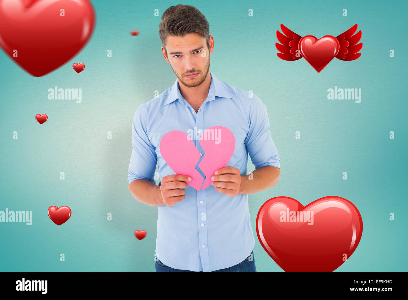 Image Composite De L Homme Triste Tenant Un Cœur Brise Photo Stock Alamy