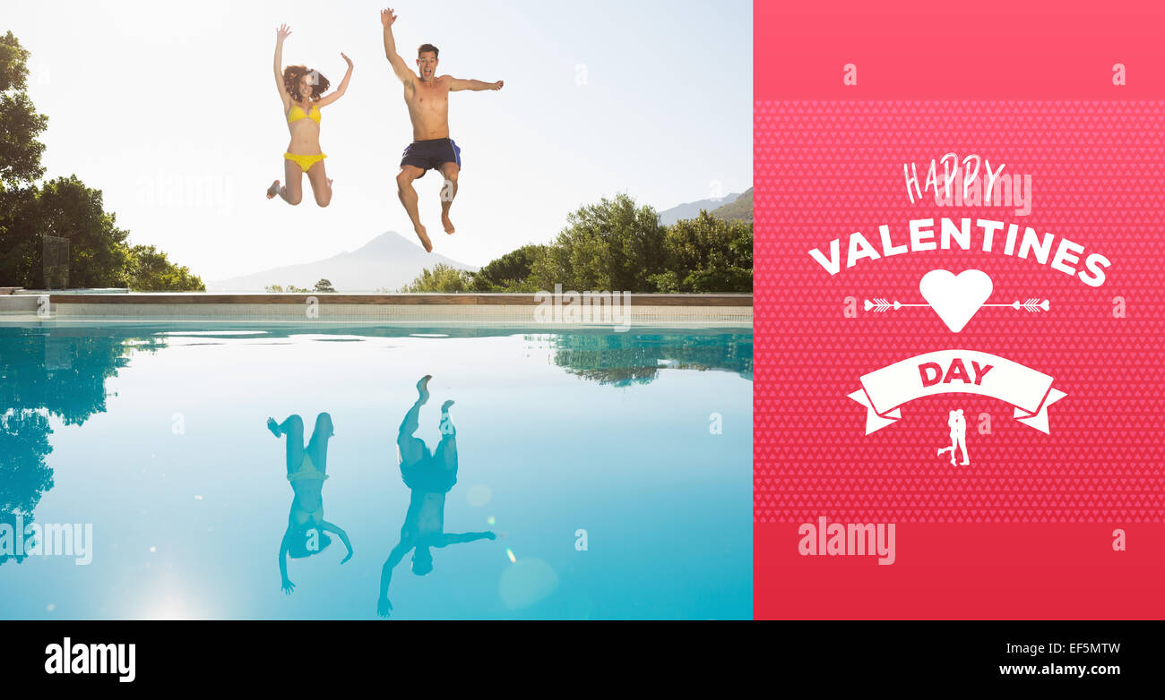 Image composite de cheerful couple jumping into swimming pool Banque D'Images