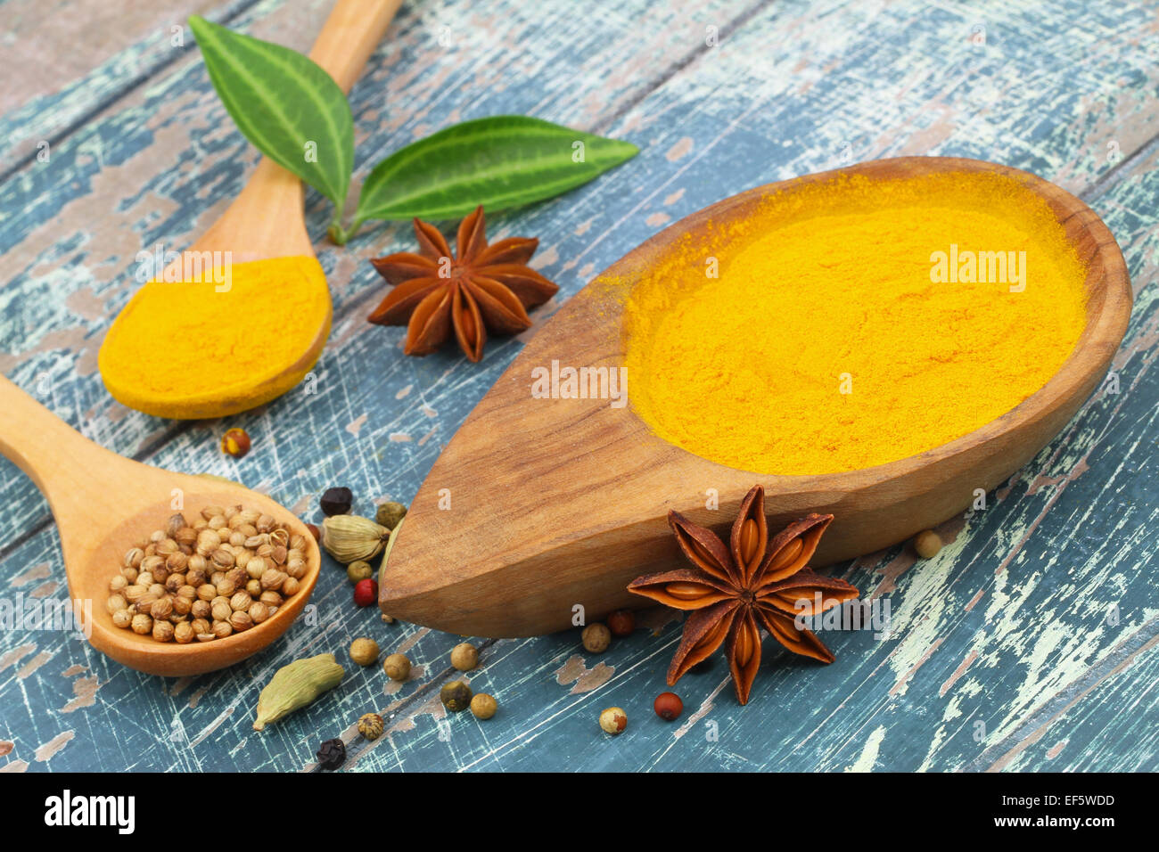 La poudre de curcuma, anis étoilé, cardamome et les graines de coriandre Banque D'Images