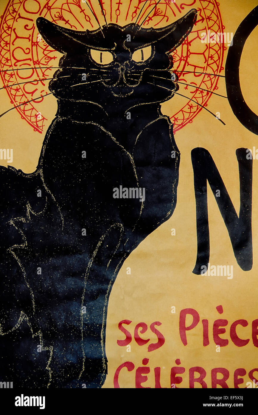 Affiche française montrant une figure de dessin animé d'un chat noir sur fond jaune avec les mots Chat Noir Banque D'Images