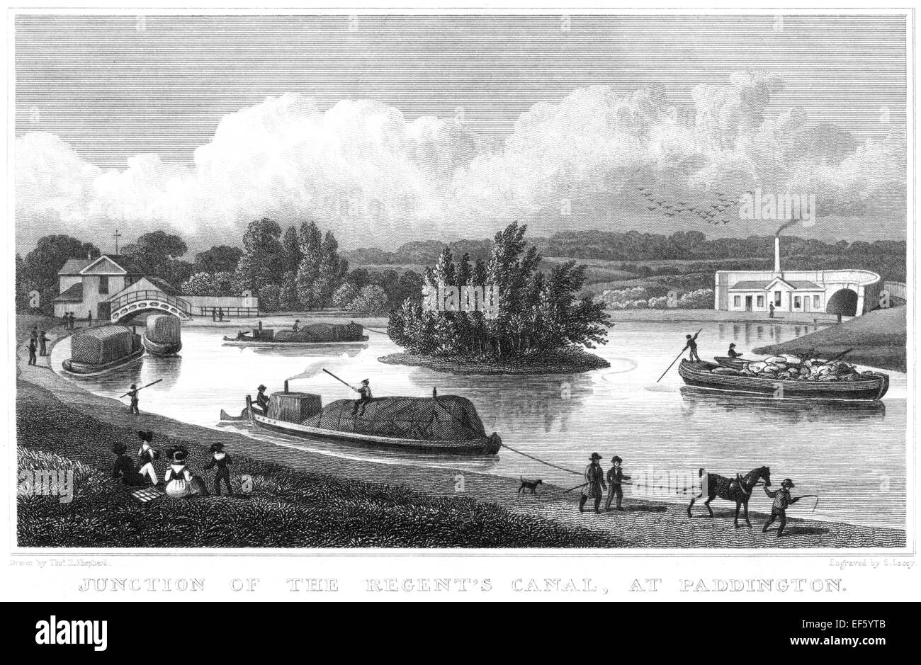 Gravure de la jonction du canal Regents, à Paddington, Londres, Royaume-Uni, numérisée à haute résolution à partir d'une publication imprimée en 1828. Banque D'Images
