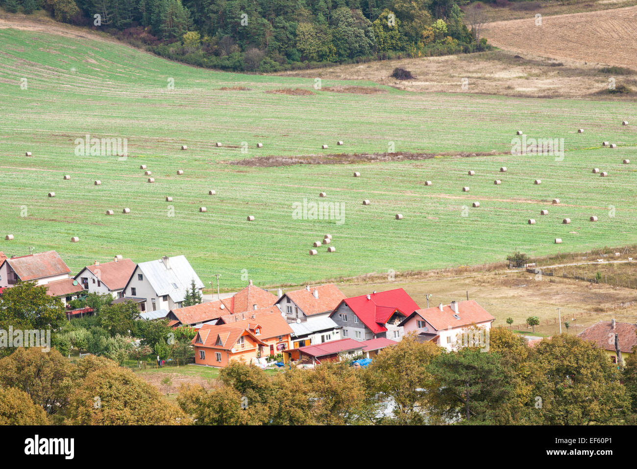 Maisons colorées avec des bottes de foin dans les pâturages agricoles, région de Levoca, Slovaquie, Europe Banque D'Images