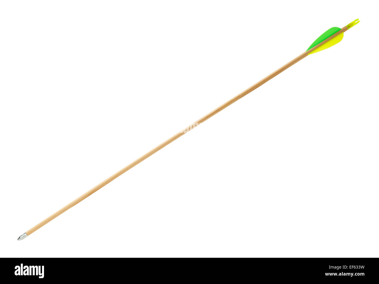 Tir à l'aide de bois vert et jaune avec Flething isolé sur fond blanc. Banque D'Images