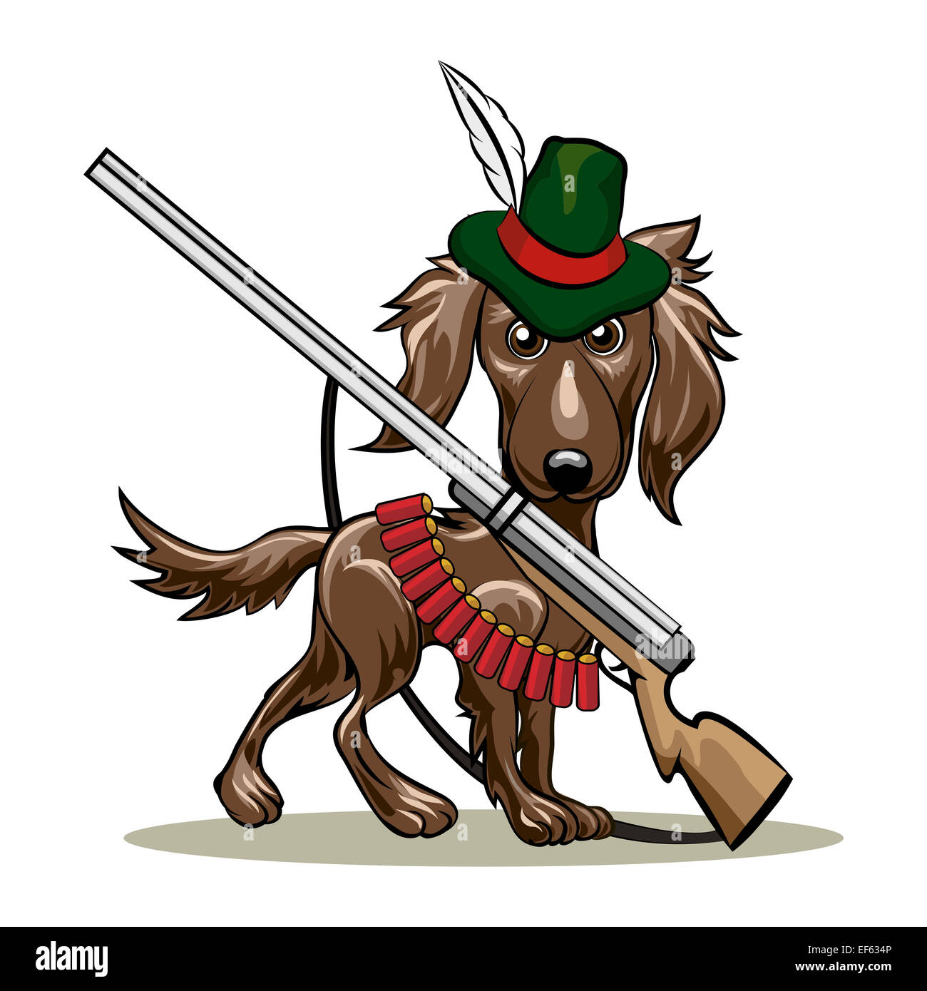 Illustration humoristique de chien dans un hunter hat et pistolet à cartouches. Isolé sur fond blanc. Banque D'Images