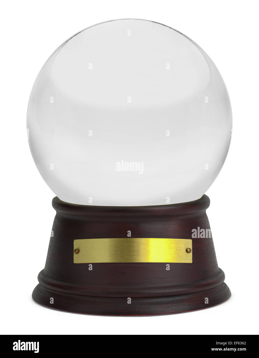Snow Globe en verre avec base en bois et plaque isolé sur fond blanc. Banque D'Images