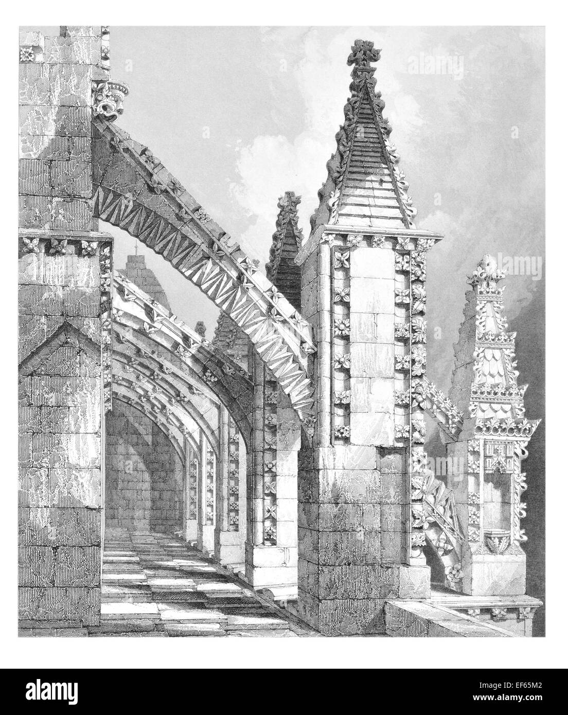 1852 Boutant et pinacles catholique Rosslyn Chapelle collégiale de St Matthieu Midlothian propriété privée. Banque D'Images