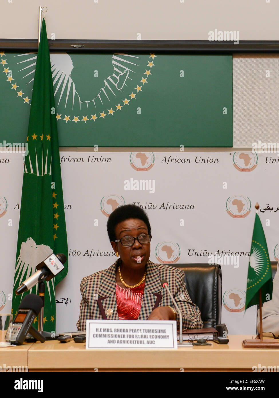 Addis Abeba, Ethiopie. 27 Jan, 2015. L'Union africaine (UA) Commissaire à l'économie rurale et l'agriculture, Rhoda Peace Tumusiime prend la parole lors d'une séance d'information au Siège de l'UA à Addis Abeba, capitale de l'Éthiopie, le 27 janvier 2015. Les États africains sont invités à faire plus d'efforts pour atténuer la faim et la pauvreté au moyen de la transformation de l'agriculture que la pauvreté a posé une menace importante sur la croissance économique du continent, Rhoda Peace Tumusiime a dit ici le mardi. Credit : Zhai Jianlan/Xinhua/Alamy Live News Banque D'Images