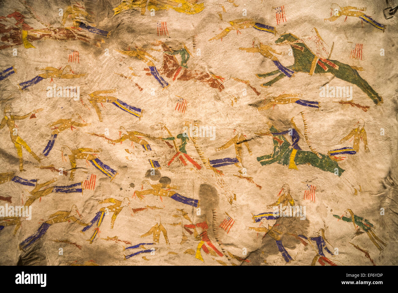 Native American Indian deer hide peinture dessin illustrant la bataille de Little Bighorn ou Custer's Last Stand. Banque D'Images Native American Indian deer hide peinture dessin illustrant la bataille de Little Bighorn ou Custer's Last Stand. Banque D'Images