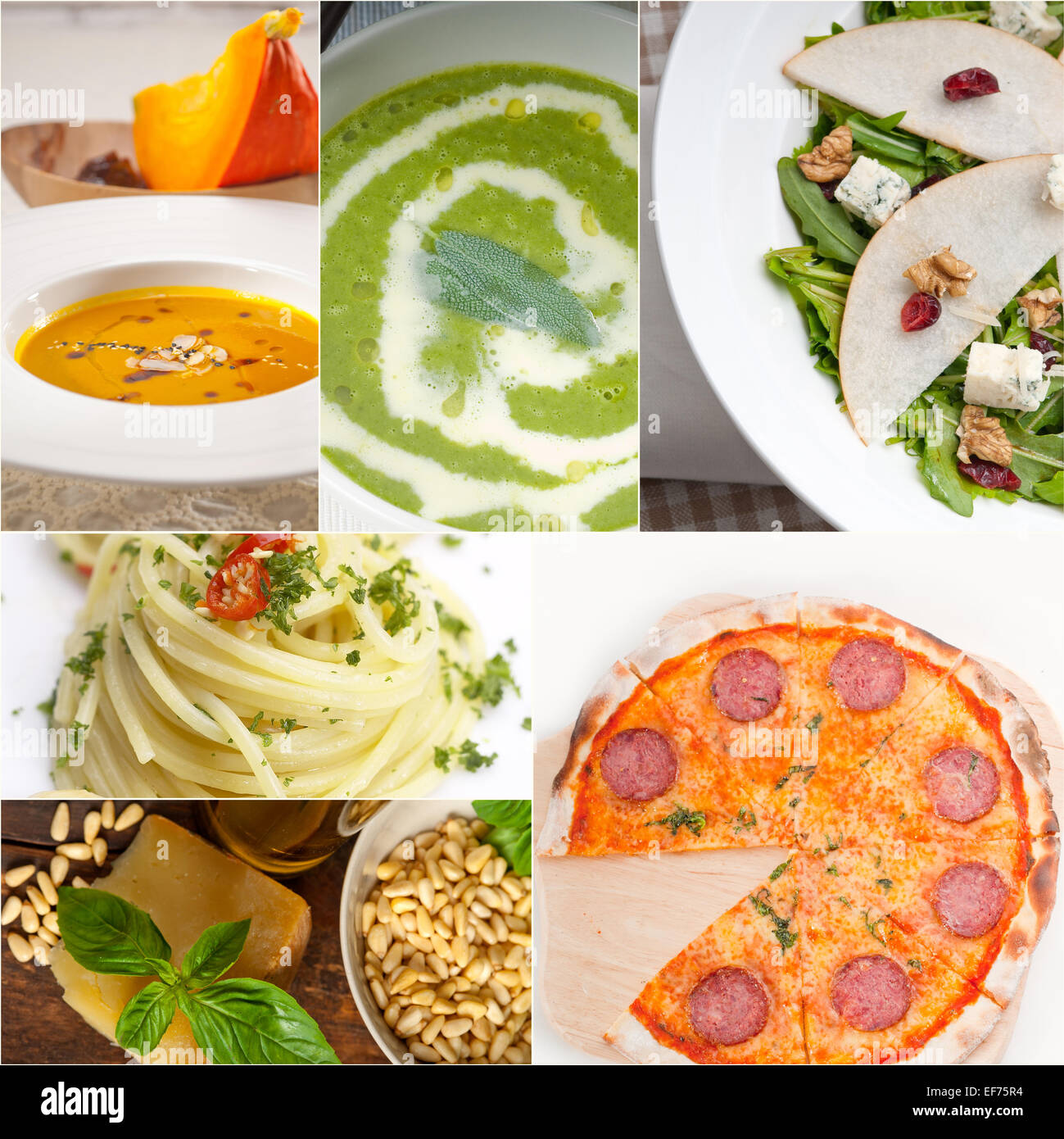 Salade Soupe pâtes végétarienne saine aliments de base Italien pizza collage Banque D'Images