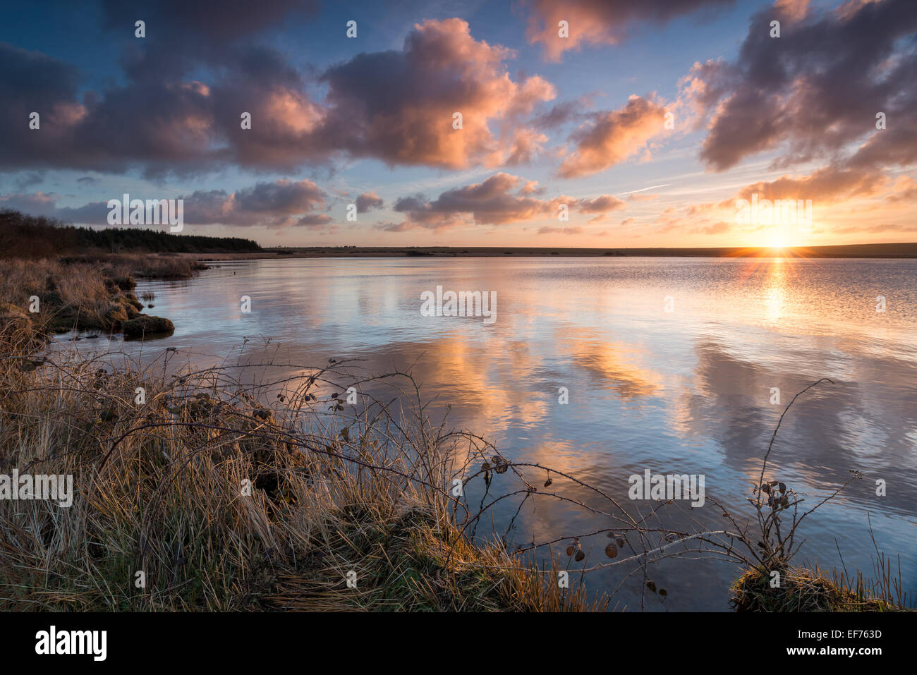 Un bel hiver spectaculaire lever de soleil sur l'Reservoirnear Davidstow Crowdy sur Bodmin Moor en Cornouailles Banque D'Images