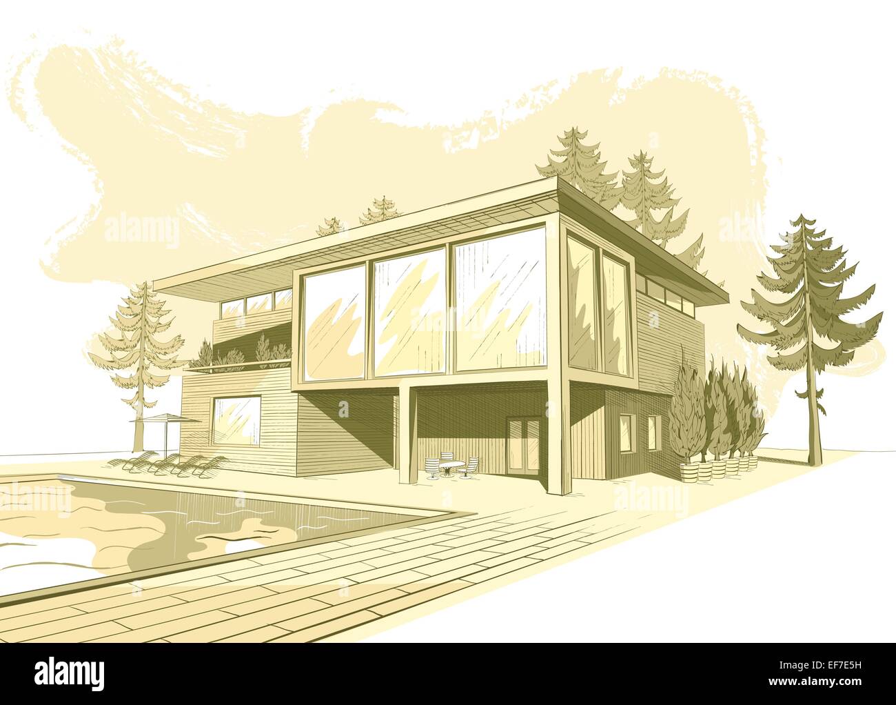 Croquis de sépia vecteur de banlieue moderne maison en bois avec piscine et chaises longues Illustration de Vecteur