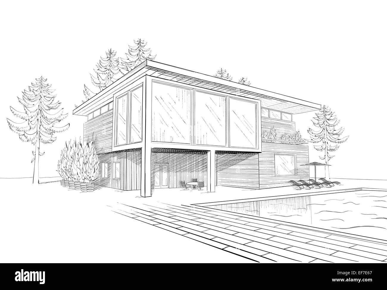 Croquis en noir et blanc vectoriel de banlieue moderne maison en bois avec piscine et chaises longues Illustration de Vecteur