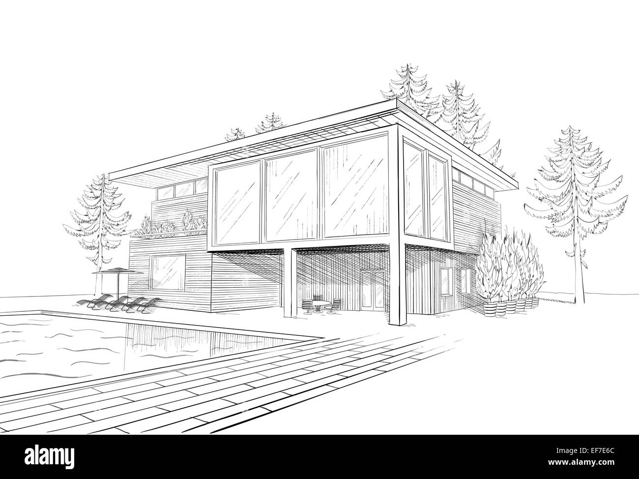 Croquis en noir et blanc vectoriel de banlieue moderne maison en bois avec piscine et chaises longues Illustration de Vecteur