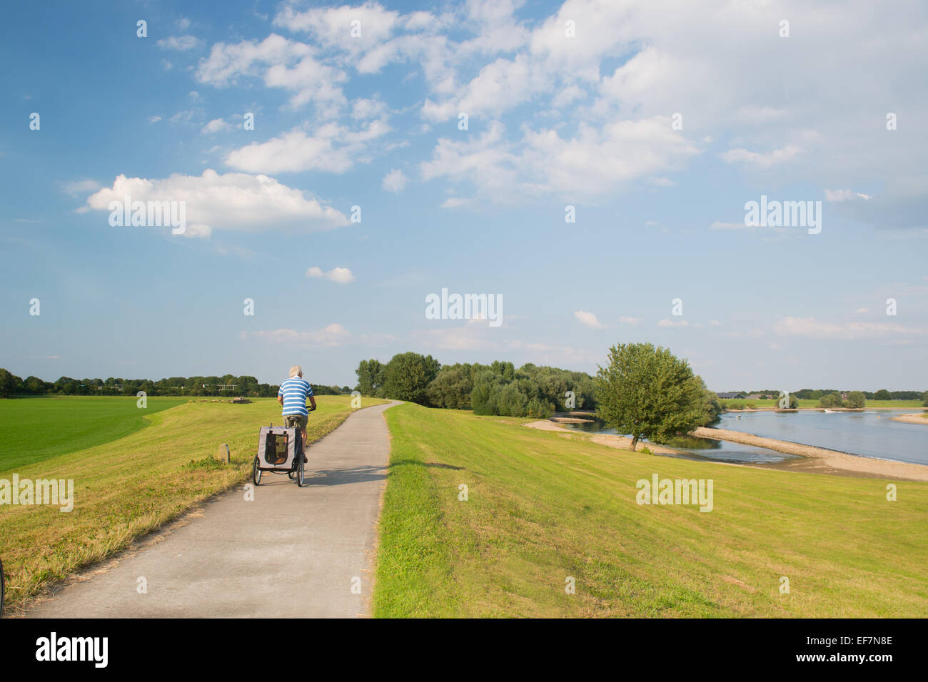 Paysage avec rivière en Hollande et l'homme en vélo avec voiture doggy Banque D'Images