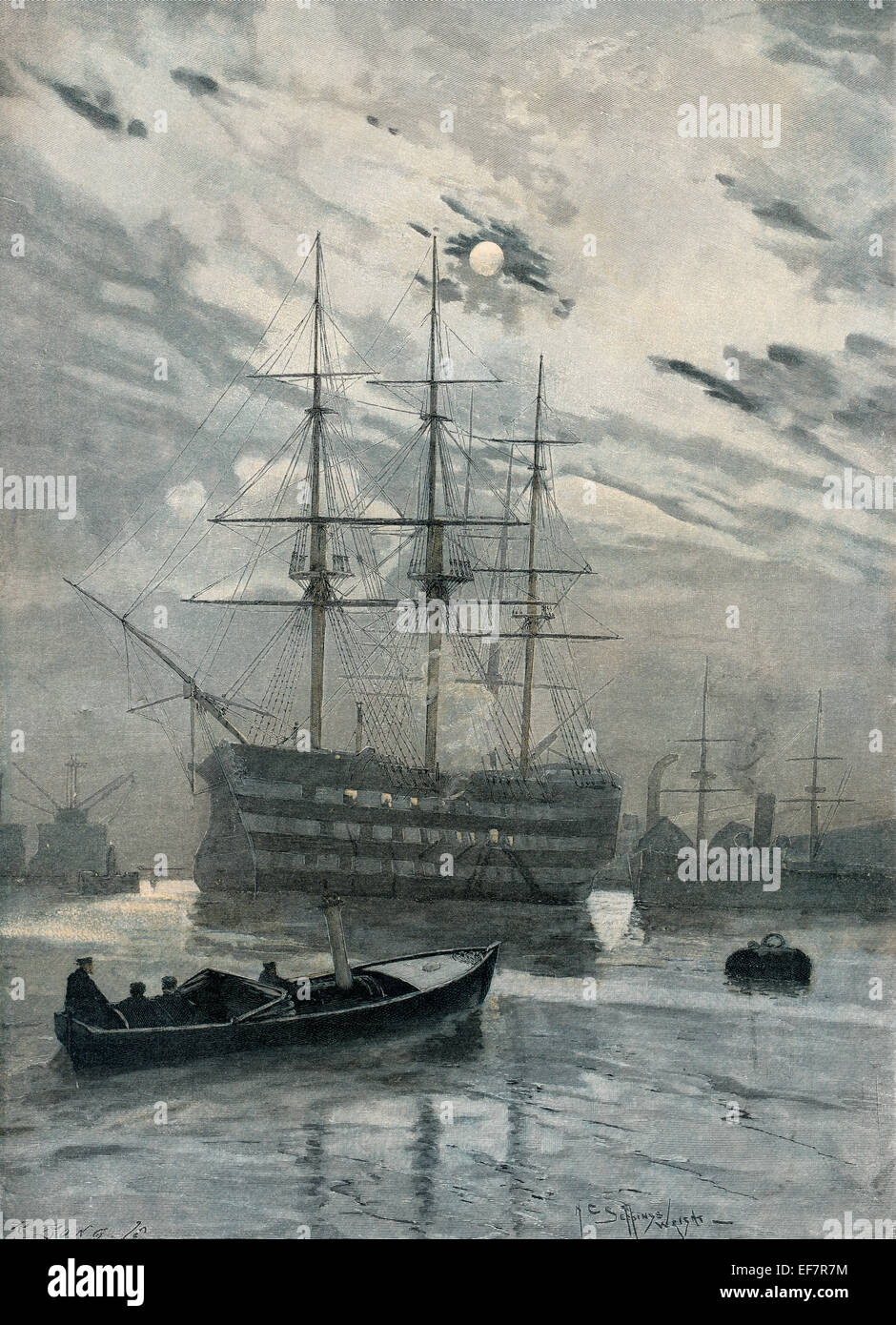 Old English sailing ship, gravure sur bois par Seppings-Whright Banque D'Images