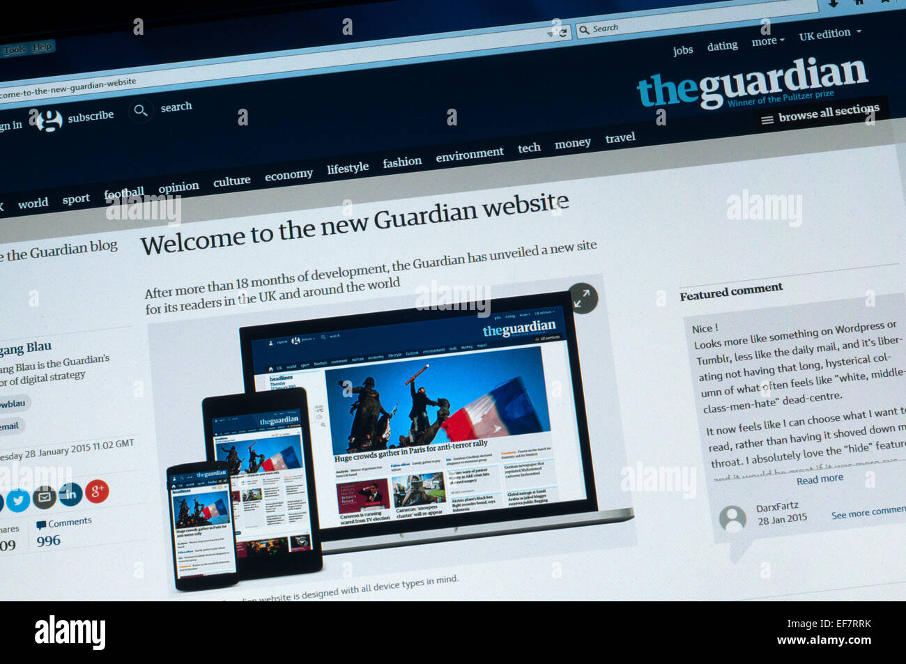 UK. 28 janvier, 2015. Journal anglais The Guardian a aujourd'hui mis en place une refonte majeure de son site web. L'article décrit la restructuration comme donnant une vue compacte 'plus de la news agenda comme il change tout au long de la journée et de la nuit" et de donner "plus d'indices visuels sur l'importance relative de chaque histoire'. Il est juste de dire que la réaction a été mélangé avec les commentaires en ligne d'utilisateurs du site rangeing de 'Nice ! ' À 'horrible'. Credit : sjscreens/Alamy Live News Banque D'Images
