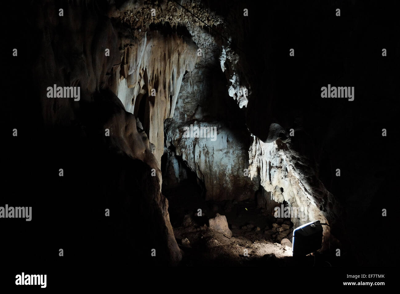 Manot Grotte, Israël. 28 janvier, 2015. 55 000 ans d'un crâne humain découvert dans la grotte de Manot dans l'ouest de la Galilée prouve, selon les scientifiques, que l'homme moderne (Homo sapiens) a migré depuis l'Afrique vers le reste du monde il y a environ 65 000 ans. Chercheurs considèrent le crâne, la première preuve fossilisée à l'extérieur de l'Afrique, 'l'une des plus importantes découvertes dans l'étude de l'évolution humaine. Credit : Alon Nir/Alamy Live News Banque D'Images