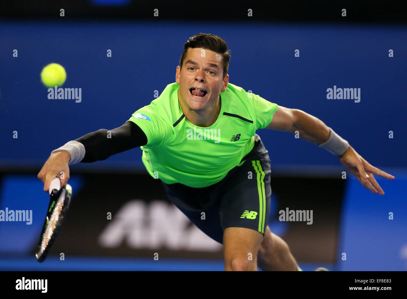 Melbourne, Australie. 28 janvier, 2015. Milos Raonic (CAN) : Tennis 2015 Tournoi de tennis australien Men's quart de finale à Melbourne, Australie . Credit : Yohei Osada/AFLO SPORT/Alamy Live News Banque D'Images