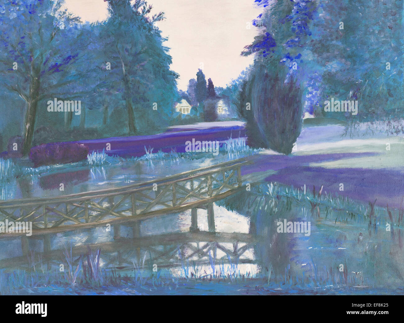 Peinture à l'huile - forêt d'automne avec un étang et pont sur l'étang, bleu Banque D'Images
