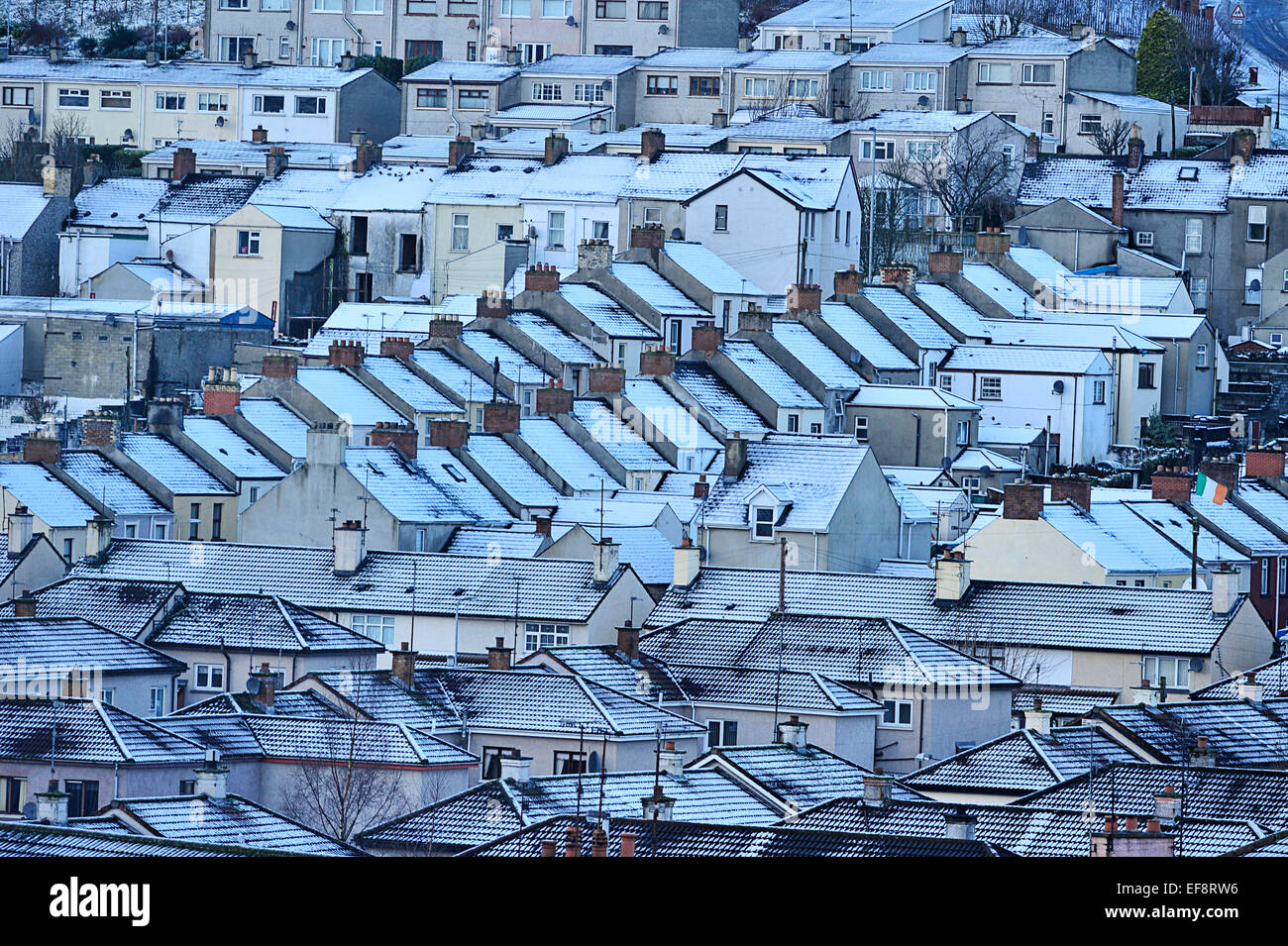Londonderry, en Irlande du Nord. 29 janvier, 2015. Neige Météo France à Londonderry. Les toits couverts de neige à Londonderry (Derry) en Irlande du Nord. Plus de neige est prévue pour de nombreuses parties de l'Irlande du Nord et la Grande-Bretagne demain crédit : George Sweeney/Alamy Live News Banque D'Images