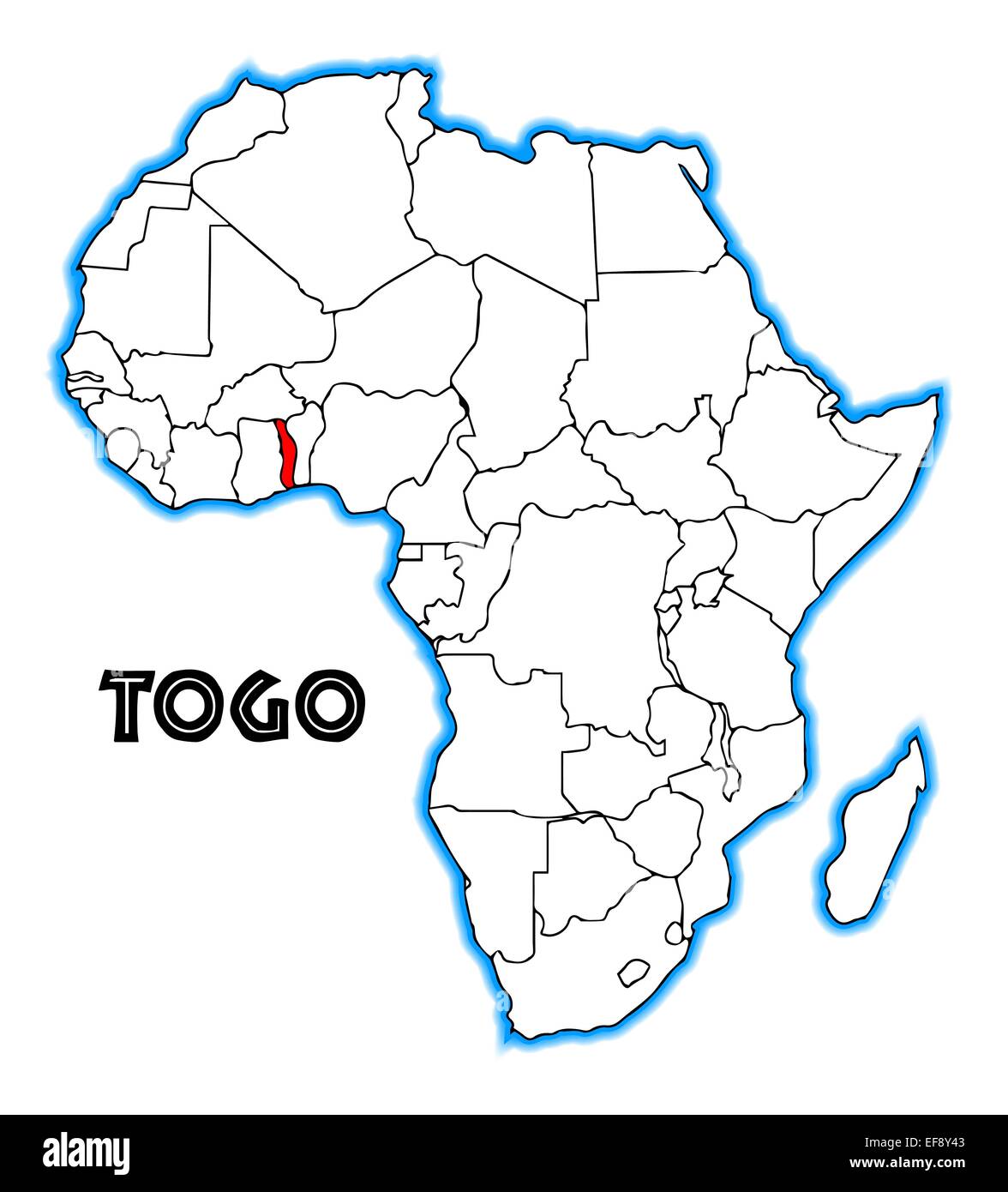 Togo contours insérés dans une carte de l'Afrique sur un fond blanc
