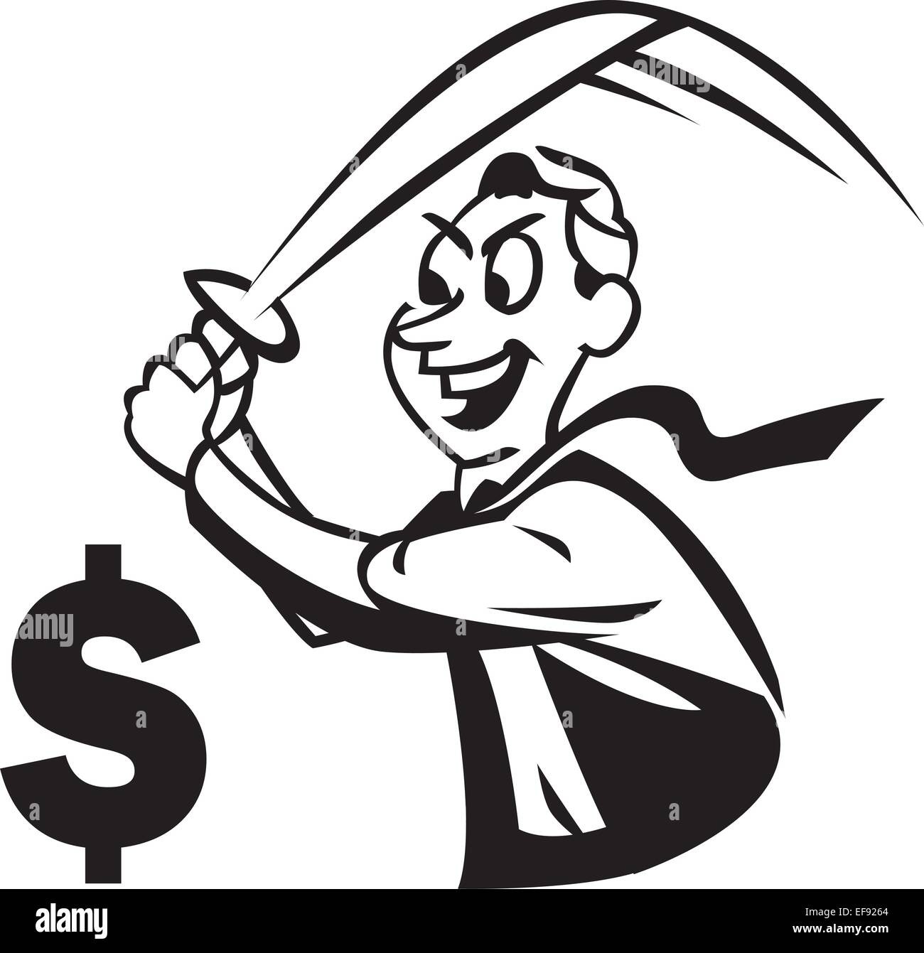 Un homme sur le point de couper à travers un signe dollar avec une épée Illustration de Vecteur
