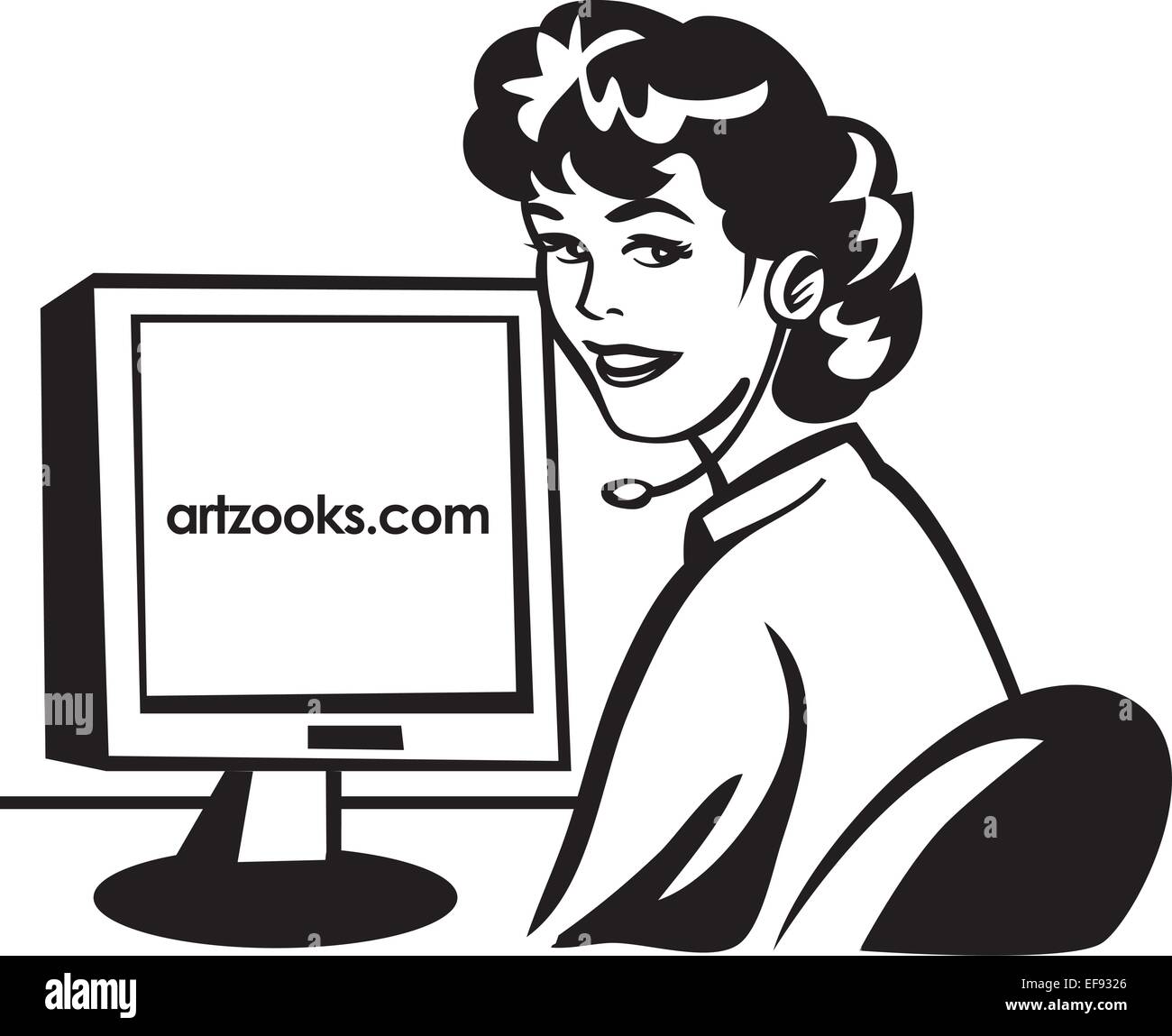 Une jeune femme assise à un ordinateur avec un casque Illustration de Vecteur