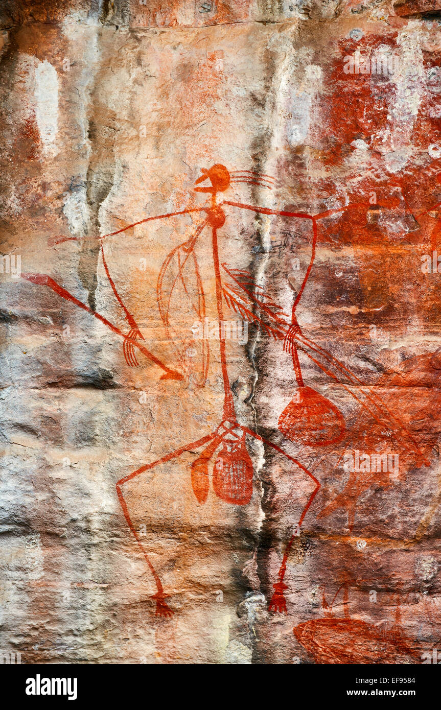 Art rupestre aborigène racontant l'histoire d'Mabuyu. Banque D'Images