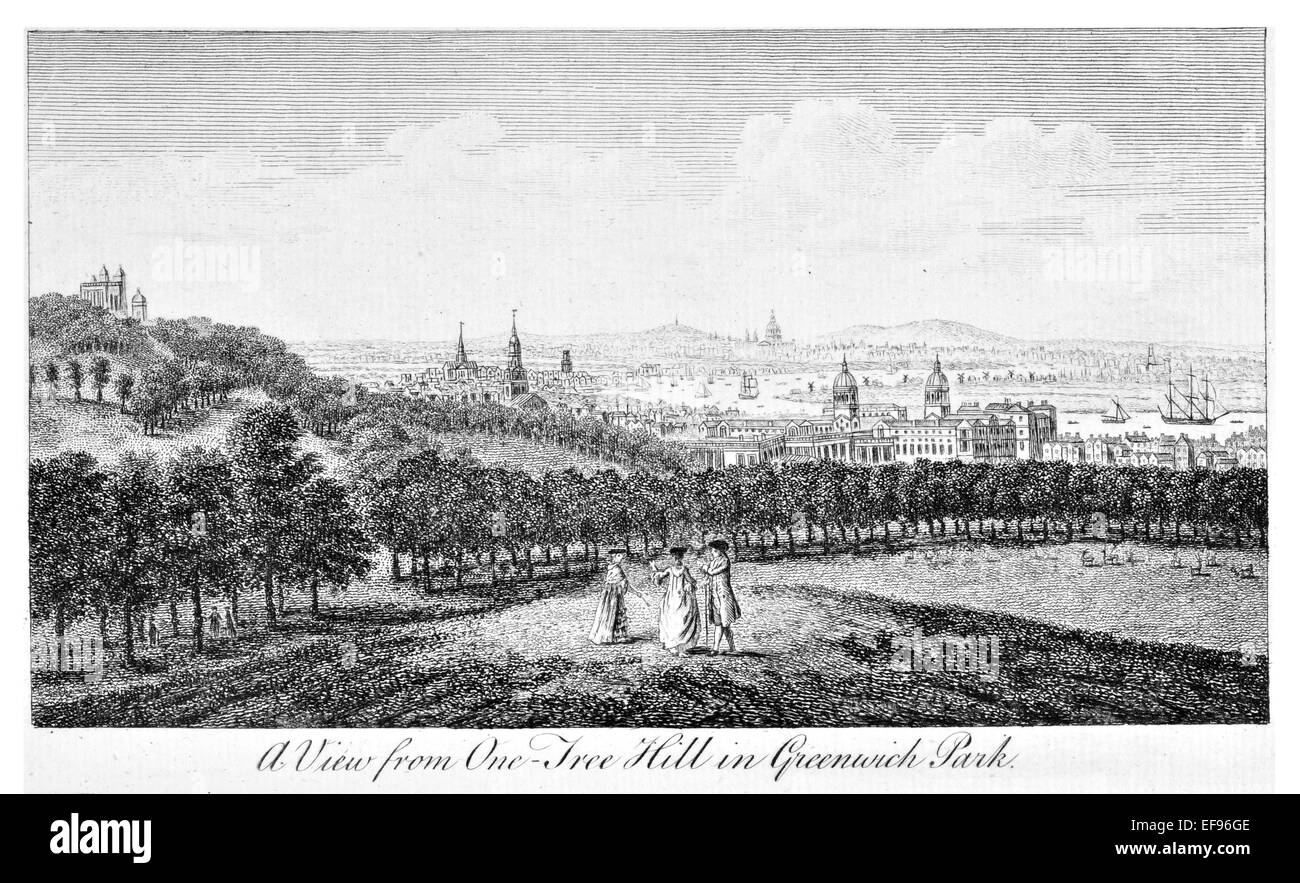 Gravure sur cuivre 1776 beautés du paysage Angleterre plus élégant de magnifiques édifices publics.One Tree Hill Greenwich park Londres Banque D'Images