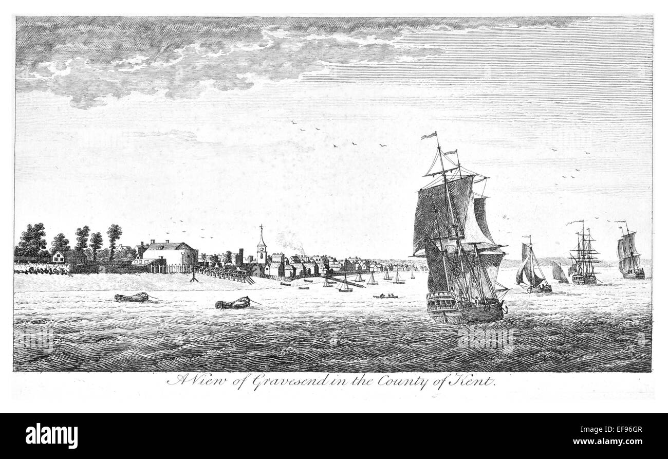 Gravure sur cuivre 1776 beautés du paysage Angleterre plus élégant de magnifiques édifices publics. Le comté de Kent Gravesend voir voile Banque D'Images