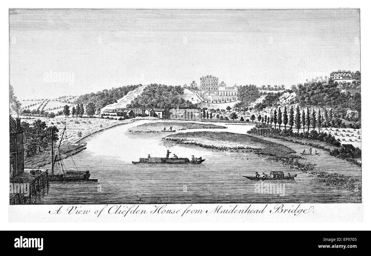 Gravure sur cuivre 1776 beautés du paysage Angleterre plus élégants édifices publics magnifique maison cliesden de Maidenhead Banque D'Images